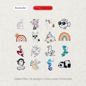Könnte beinhalten: Eine Sammlung von 16 digitalen Stickmustern mit Igel, Giraffe, Einhorn, Fisch, Regenbogen, Lama, Ente, Meerjungfrau, Pinguin, Maus, Seepferdchen und Panda. Text beinhaltet Bestseller, incl. FREEBIE, Digital files, 16 designs, many sizes, 8 formats.