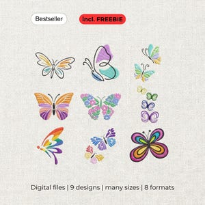 Op de afbeelding: Een verzameling van negen verschillende vlinderborduurontwerpen met diverse stijlen, waaronder lijntekeningen, bloemmotieven en regenboogverlopen. De tekst Bestseller, incl. FREEBIE, en Digital files | 9 designs | many sizes | 8 formats is zichtbaar.