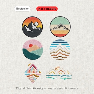 May include: A collection of six mountain-themed embroidery designs featuring circular and diamond shapes with varied color palettes including orange, blue, green, and pink. The text Bestseller, incl. FREEBIE, and Digital files | 6 designs | many sizes | 8 formats is visible.