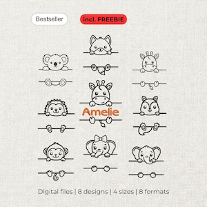 May include: A collection of black and white line art illustrations featuring various animals including a koala, fox, giraffe, hedgehog, squirrel, monkey, and elephant, with the name Amelie centered in orange text. Includes Bestseller and Freebie labels.