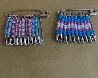 20 Friendship pins - blue/pink/white - seed bead/safety pins - retro, 80's (set 2)