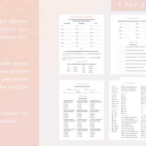 K&ouml;nnte beinhalten: Ein Satz von neun druckbaren PDF-Seiten mit rosa Hintergrund und schwarzem Text. Die Seiten enthalten eine Vielzahl von astrologiebezogenen Themen, darunter wesentliche W&uuml;rden, Schw&auml;chen, Sekte, planetarische Freuden, wichtige Aspekte, H&auml;user, planetarische Geschwindigkeit und zuf&auml;llige Richtig/Falsch-Fragen. Der Text "9 PDF PAGES" ist in der oberen rechten Ecke des Bildes sichtbar.