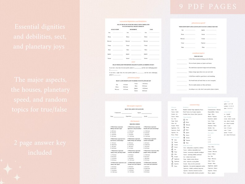 K&ouml;nnte beinhalten: Ein Satz von neun druckbaren PDF-Seiten mit rosa Hintergrund und schwarzem Text. Die Seiten enthalten eine Vielzahl von astrologiebezogenen Themen, darunter wesentliche W&uuml;rden, Schw&auml;chen, Sekte, planetarische Freuden, wichtige Aspekte, H&auml;user, planetarische Geschwindigkeit und zuf&auml;llige Richtig/Falsch-Fragen. Der Text "9 PDF PAGES" ist in der oberen rechten Ecke des Bildes sichtbar.