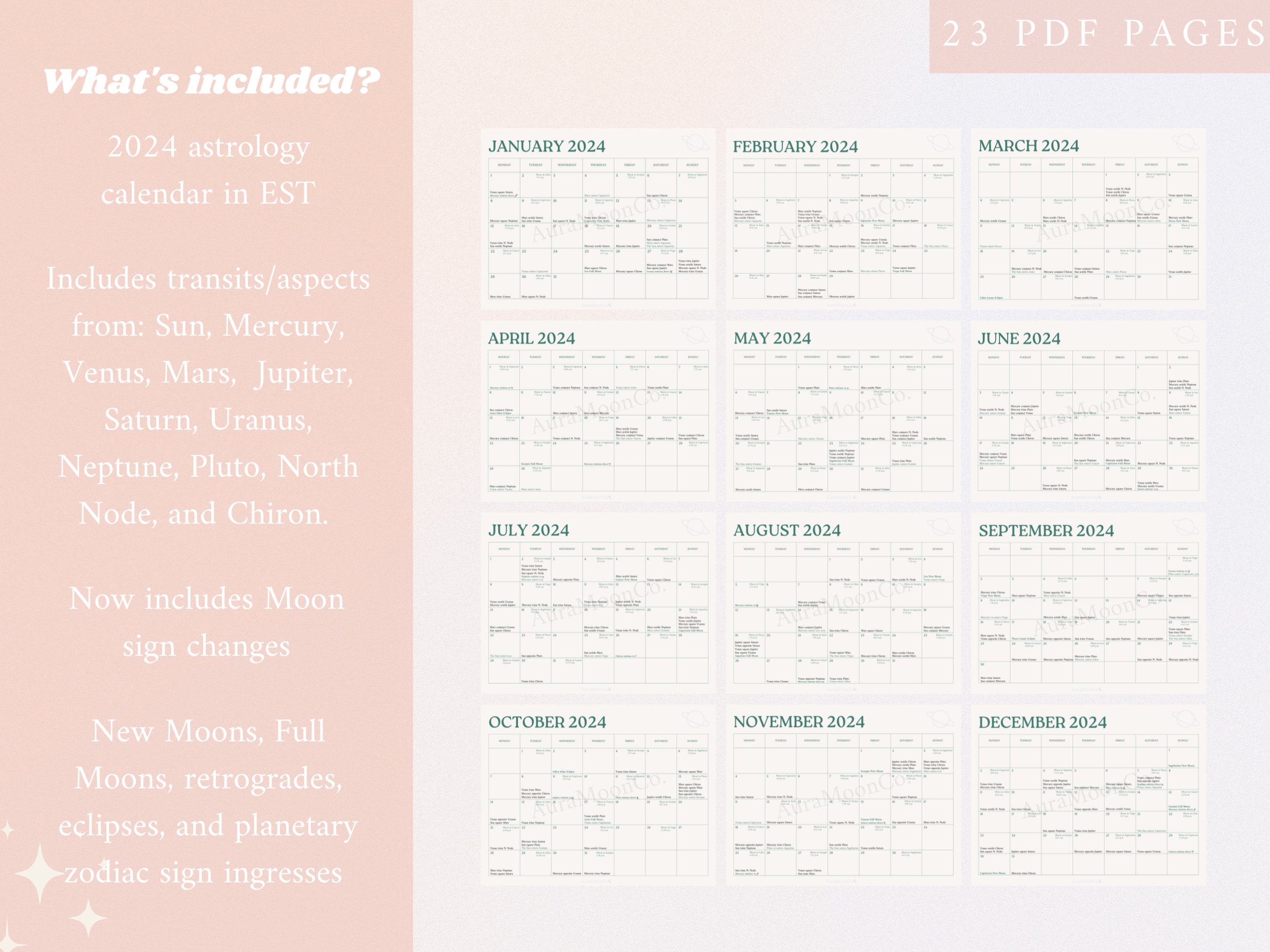Printable 2024 Astrology Calendar 2024 Astrology Planner Download