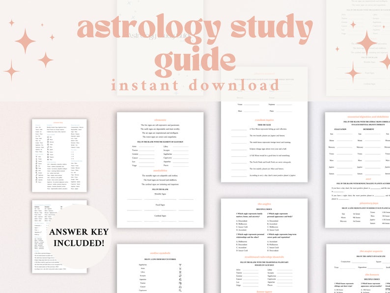 K&ouml;nnte beinhalten: Ein rosafarbener und wei&szlig;er digitaler Download-Studienleitfaden f&uuml;r Astrologie mit dem Text "astrology study guide instant download" auf dem Cover. Der Leitfaden enth&auml;lt Arbeitsbl&auml;tter und L&ouml;sungsbl&auml;tter.