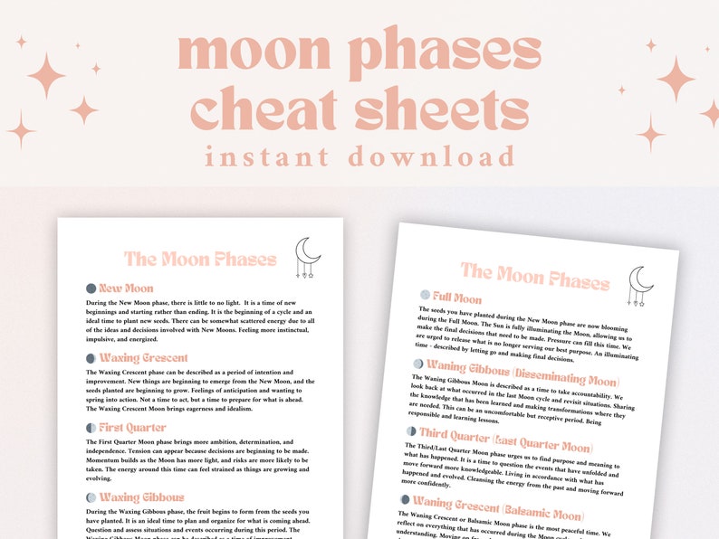 Printable Moon Phases Cheat Sheets Moon Phases Digital Download Printable Moon Phases Cheat Sheets Moon Phases Digital Download