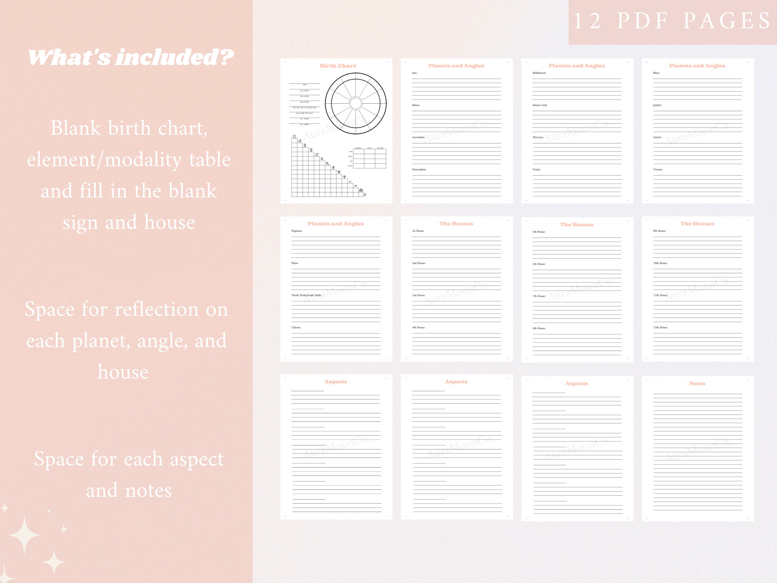 Printable Blank Birth Chart Template W/ Reflection Pages Astrology