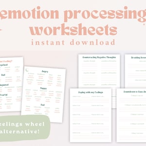 May include: A set of printable worksheets for processing emotions. The worksheets include titles like "What am I Feeling?", "Counteracting Negative Thoughts", "Breaking Down My Emotions", "Coping With My Feelings", and "Countdown to Ease Anxiety". The worksheets are designed to help people identify, understand, and manage their emotions.