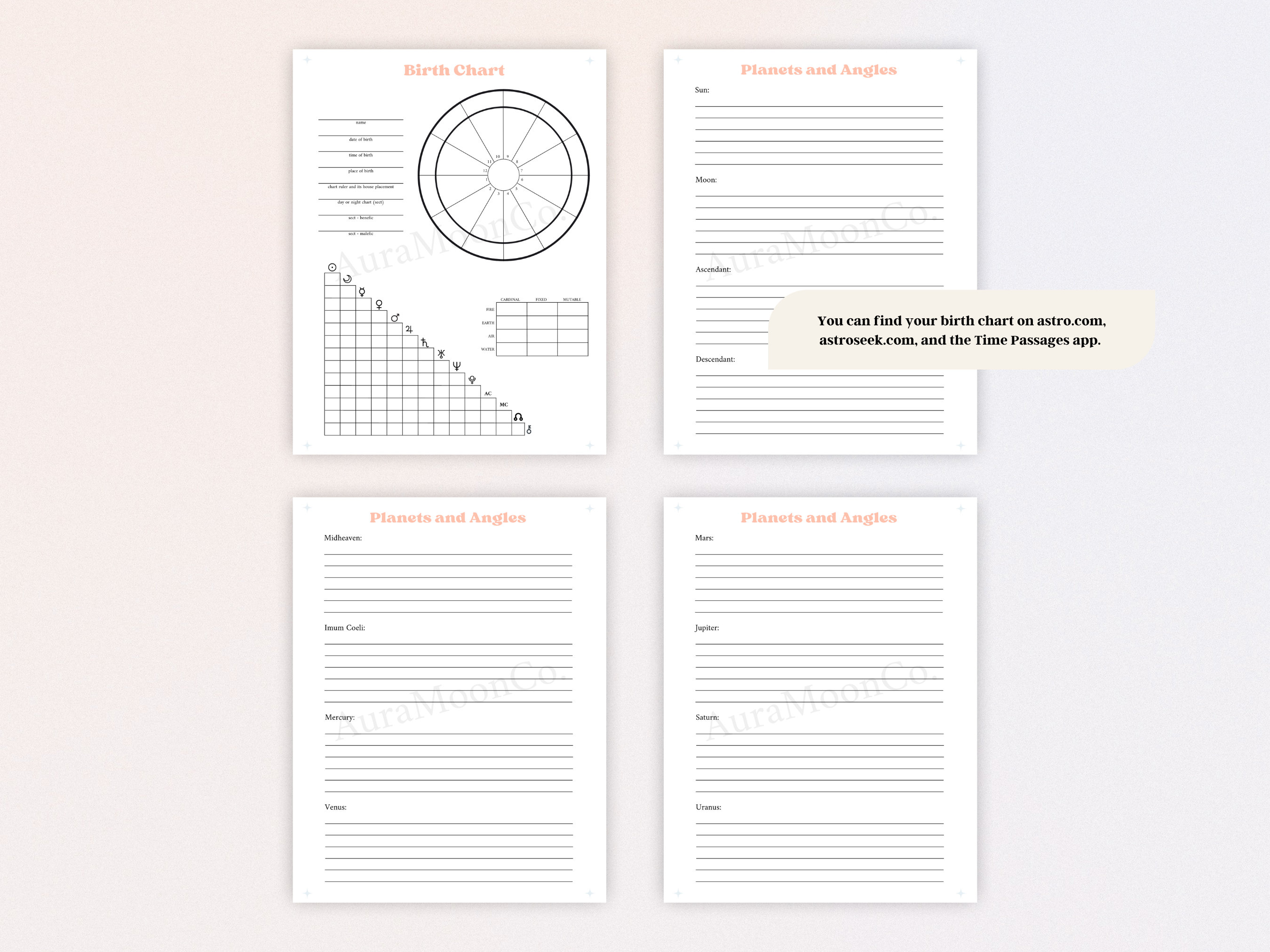 Printable Blank Birth Chart Template W/ Reflection Pages Astrology