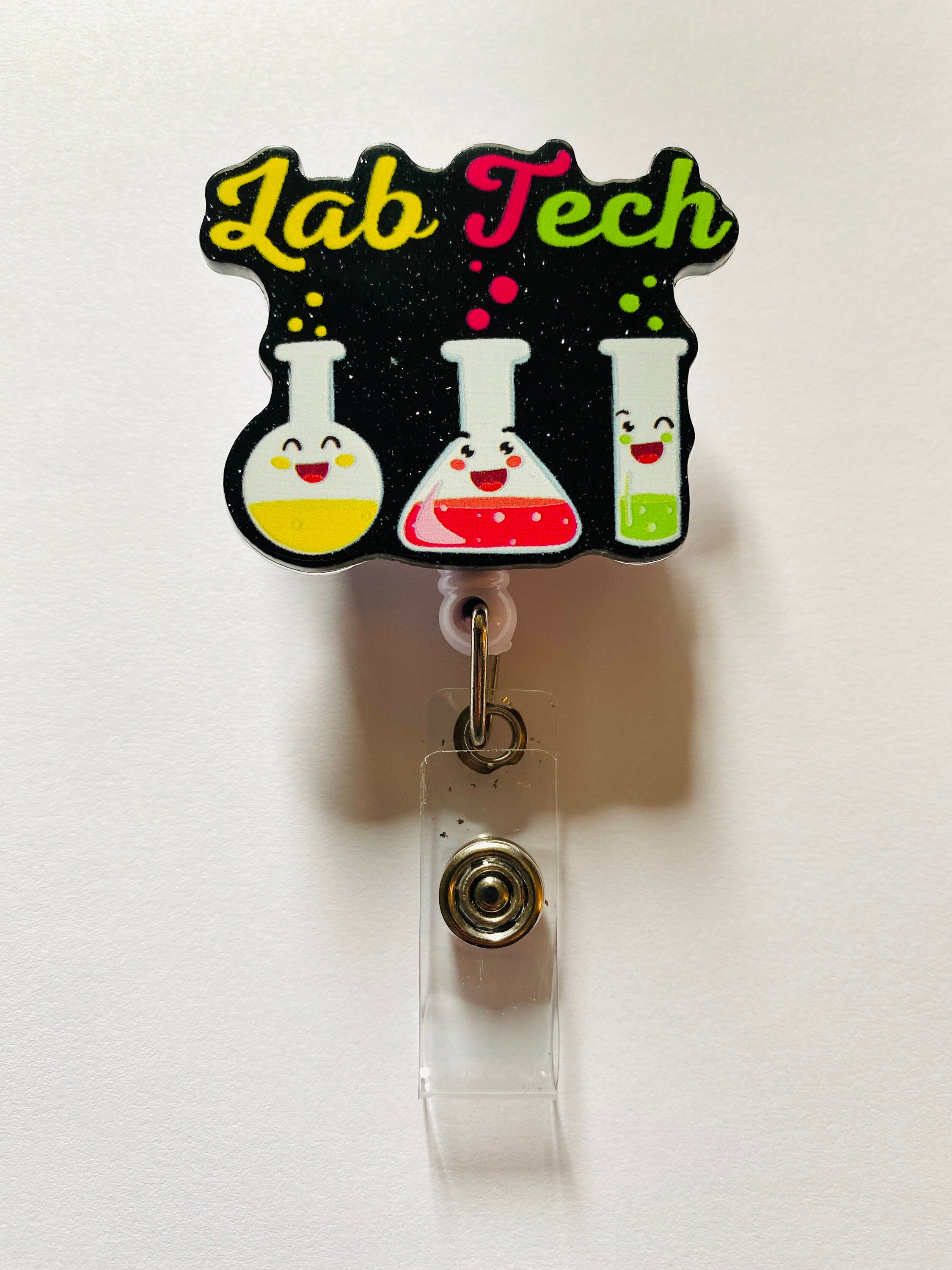  YAZMEEN Lab Tech Retractable Badge Reel with Alligator Clip  Funny ID Card Badge Holder Cute Lab Beaker Badge Funny Black Glitter Badge  Reel Gift for Medical Laboratory Science Scientist Nurse