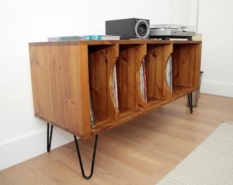 Mid Century Record Player Stand: Solid Wood Vinyl Storage Cabinet