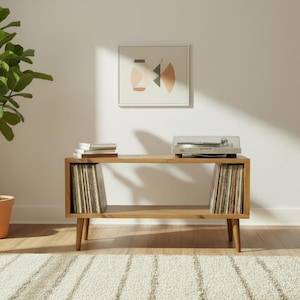 Handcrafted Solid Wood Record Player Stand: Vinyl Storage Furniture