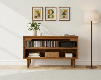 Mid-Century Modern CD Storage Cabinet – Wooden Media Storage Unit with 2 Shelves