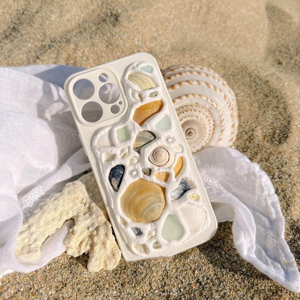 Handgefertigte Seashell Coastal Phone Case - Aqua Blue Design mit Seaglass