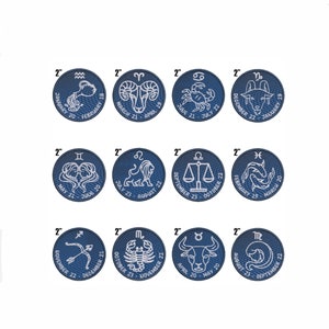 May include: Twelve blue and white embroidered iron-on patches featuring the astrological signs of the zodiac. Each patch is 2 inches in diameter and includes the name of the sign and the dates associated with it.