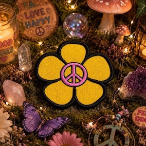 Tusensköna med fredstecken lapp/stryklapp/hippie woodstock blomma boho/broderad sy-på applikation för kläder väst/jacka ryggsäck