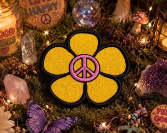 Daisy with Peace Sign Patch/Iron-On Patch/Hippie Woodstock flower Boho/Embroidered Sew-On Applique for Clothing Vest/Jacket Backpack