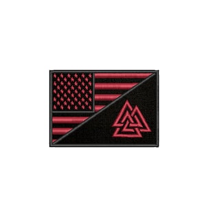 May include: An embroidered patch in black and red, with a red American flag on the left and a red Valknut symbol on the right.