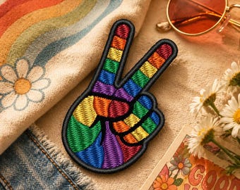 Pride Peace Sign Patch/Iron-On Patch/LGBTQA + Love/Hippie Woodstock Style/Embroidered Sew-On Applique for Clothing Vest/Jacket Hat Backpack