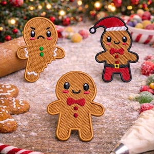 Lot de 3 patchs mignon bonhomme en pain d'épice/écusson thermocollant/écussons de Noël/appliqués brodés décoratifs à coudre pour bas de vêtements gilet/veste