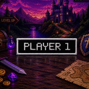 May include: A pixelated fantasy scene with a castle, river, and mountains. A sign reads "LEVEL UP." A patch with "PLAYER 1" is centered. Other items include a treasure chest, sword, coins, and a shield.
