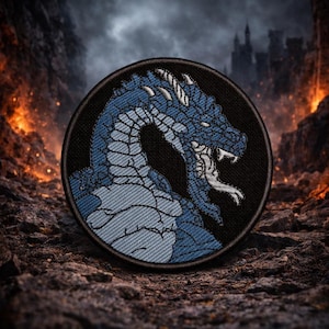 Blue Gray Dragon iron-on embroidered applique for Clothing Jacket, Mythology Signs & Symbols, sew on embroidery, Biker Badge, Fantasy