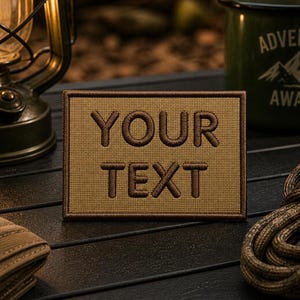 May include: A rectangular, tan patch with the words "YOUR TEXT" embroidered in brown. The patch has a brown border and is displayed on a dark surface, with a lantern and a green mug in the background.