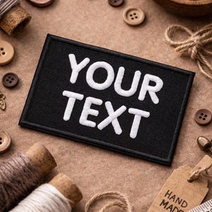 Custom Your Name Tag 3" W x 2" T White/Black Embroidered Iron On Patch Sew On for Uniform Luggage Costume Backpack Bag Vest Jacket Clothing