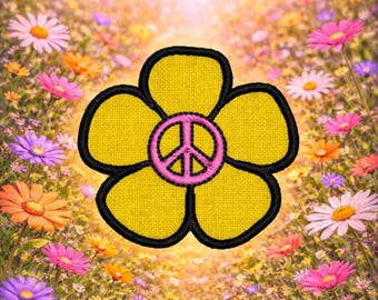 Daisy with Peace Sign Patch/Iron-On Patch/Hippie Woodstock flower Boho/Embroidered Sew-On Applique for Clothing Vest/Jacket Backpack