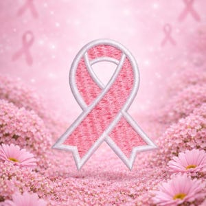 May include: A pink ribbon emblem with a white border, set against a soft pink floral background. The ribbon is the focal point, symbolizing breast cancer awareness. Pink flowers and a blurred pink backdrop enhance the theme.