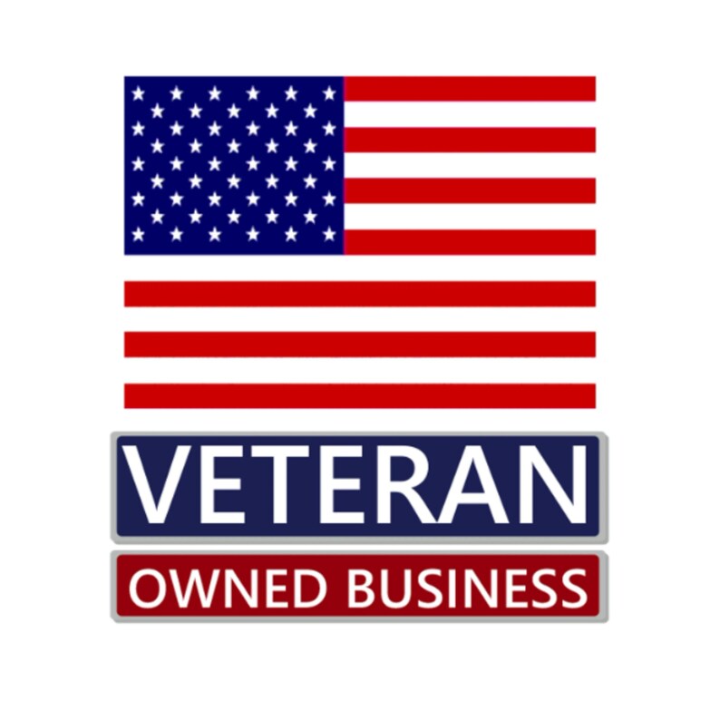 May include: A graphic featuring the American flag with red and white stripes and a blue field of white stars. Below the flag are two rectangular banners. The top banner reads "VETERAN" in white text on a blue background. The bottom banner reads "OWNED BUSINESS" in white text on a red background.