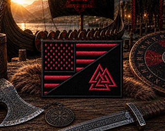 VALKNUT w/USA American Flag Patch/Iron-On Patch/Odin/Norse Mythology Signs/Embroidered Sew-On Applique for Clothing Vest/Jacket Hat Backpack