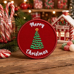 Merry Christmas Tree Red Patch/Iron-On Patch/Cute Xmas Patches/Festive Holiday Gift/Embroidered Sew-On Applique for Clothing Stocking Jacket