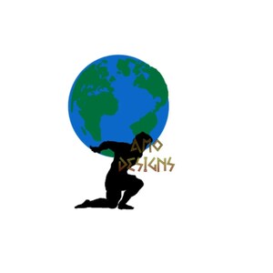 May include: Silhouette of a person kneeling and supporting a blue and green globe. The text "AMO DESIGNS" is in gold. The image is set against a white background.