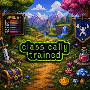 Peut inclure: Illustration en pixel art d'un paysage fantastique avec un chemin menant à un château. Comprend un panneau indiquant "Level Up", une épée, un coffre au trésor et le texte "classically trained". Une bannière avec un haltérophile est également visible.