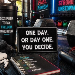 Może przedstawiać: Czarny shaker z napisem "DISCIPLINE TODAY. FREEDOM TOMORROW." stoi obok znaku z napisem "ONE DAY. OR DAY ONE. YOU DECIDE." Widoczny jest również notatnik z planem treningowym i bezprzewodowe słuchawki.