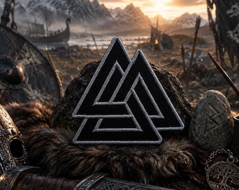 Schwarzer VALKNUT KNOT PATCH/Aufnäher zum Aufbügeln/Odin Nordische Mythologie/Zeichen & Symbole/Gestickte Applikation für Kleidung Weste/Jacke Rucksack