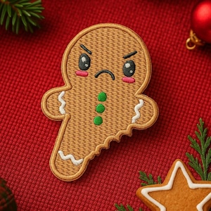 Cute Bit Off Ginger Bread Man Christmas Embroidered Iron On Patch Magic Holidays Fun Badge for Stockings Backpack Bags Vest Jacket Clothing