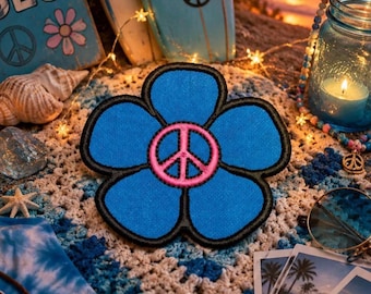 Gänseblümchen mit Peace Zeichen Patch/Bügelbild/Retro Hippie Woodstock/Blümchen Aufnäher/bestickte Applikation zum Aufnähen, Kleidung, Jacke, Hüte, Rucksack