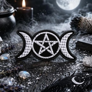 Triple Moon Goddess Patch/Iron-On Patch/Pentagram Symbol/Nature Badge/Embroidered Sew-On Applique for Clothing Vest/Jacket Hats Backpack
