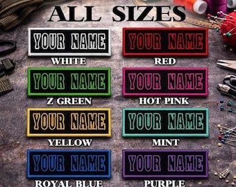 May include: A variety of embroidered patches in different colors, each with the text "YOUR NAME". Colors include white, red, Z green, hot pink, yellow, mint, royal blue, and purple. The text "ALL SIZES" is at the top.