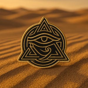 May include: Embroidered patch with a black and gold Eye of Horus design, set within a triangle and circle. The patch has detailed stitching and a gold border. The background is a blurred desert scene.