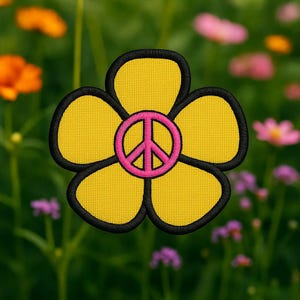 Daisy with Peace Sign Retro Embroidered Iron On Patch Hippie Woodstock flower Boho Fun Custom for Backpack Bags Vest Jacket Clothing Jeans