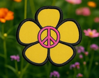 Gänseblümchen mit Peace Zeichen Retro gestickt Aufnäher Hippie Woodstock Blume Boho Fun Patch Custom für Rucksack Taschen Weste Jacke Kleidung Jeans