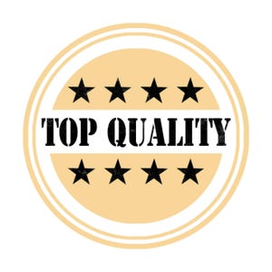 May include: A round, tan-colored sticker with the words "TOP QUALITY" in bold black letters. The sticker is encircled by two concentric rings and features six black stars, three above and three below the text.