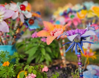 Fairy SunCatcher Garden Stakes w/ COPPER! Hand-Crafted Flower Yard Art Gift, Fairy Wands, Garden Art, Flower Stakes,Beaded Floral SunCatcher