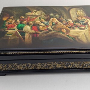 Fedoskino vintage signed lacquer box "A Wedding Feast" (1989)