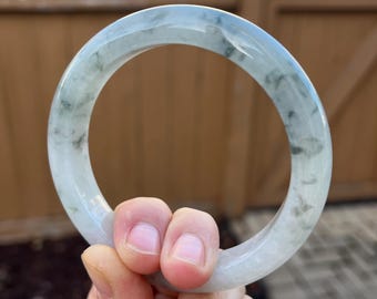 JCH178-L 59.1mm Certified Untreated Grade A Jade Bracelet｜Burmese Jadeite Bangle 缅甸翡翠A货手镯｜Round Icy Green Floral Pattern 半山水飘花正圈