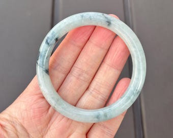 JCH037-RM 52.5mm Certified Untreated Grade A Jade Bracelet｜缅甸翡翠A货手镯 Burmese Jadeite Bangle｜Princess Round White with Green Floral 飘花圆条