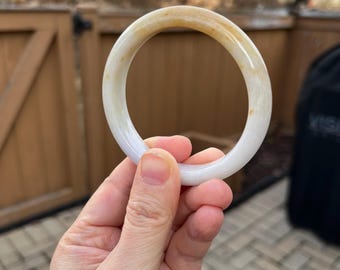 BW026-L 54.5mm Certified Untreated Grade A Jade Bracelet｜Burmese Jadeite Bangle 缅甸翡翠A货手镯｜Round Milky White and Yellow 牛奶底黄翡正圈